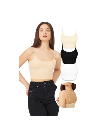 Ayarlanabilir İnce Askılı Lazer Kesim Crop Büstiyer 3'lü Paket-3 Renkli-7