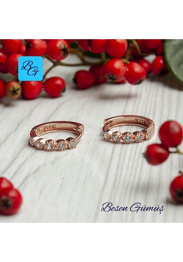 Rose Zirkon Taşlı Beş Taş Halka Küpe Gümüş