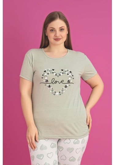 X-dreamy Büyük Beden Pamuklu Kalp Desenli Kısa Kollu Pijama Takımı Yeşil