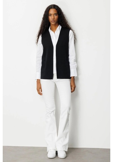 Desen Triko Kadın V Yaka Çelik Örgü Yün Anne Yelek 25044 Siyah Siyah