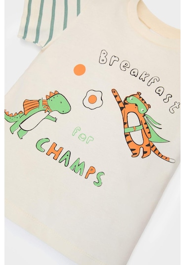 DeFacto Erkek Bebek Pijama Takımı Baskılı Kısa Kollu Penye Üst Çizgili Uzun Alt E0757A525SMGN382 Yeşil