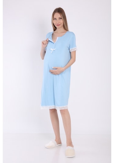 Luvmabelly Myra9591 Önden Çıt Çıtlı Dantelli Hamile Geceliği -mavi-mavi