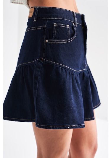 Itsbasic Kadın Koyu Mavi Renk 1s5-50 Volanlı Süper Mini %100 Koton Denim Etek