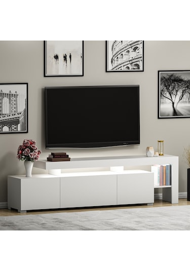 Beliz Modern LED Işıklı 3 Kapaklı, Raflı TV Sehpası – 192 cm, Beyaz