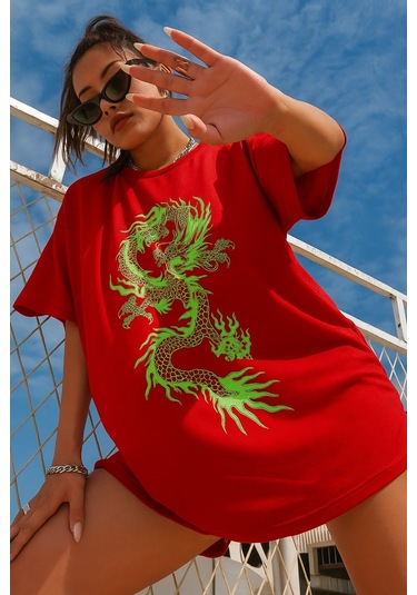 Ejderha Baskılı Oversize T-shirt Çok Renkli