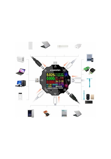Atorch Ud18 18-arayüz Çok Bağlantı Noktalı Dijital Multimetre Dc5.5 / Usb 3.0 / Tip-c Sıcaklık Güç Akım Test Cihazı Gerilim Dedektörü