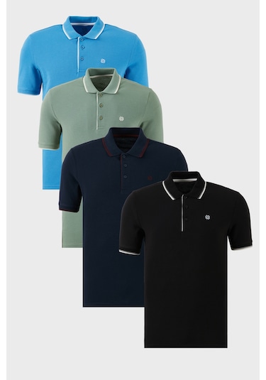 Buratti Pamuklu Slim Fit Şerit Detaylı Düğmeli Polo Yaka 4'Lü Paket Erkek T Shirt 5902118S4 A Mavi-S Beyaz-L Bordo-E Yeşili-Beyaz