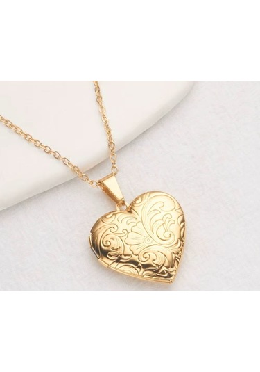 Desenli Kalp Gold Model Metal Kapağı Açılabilen Resim Kolye Çok Renkli