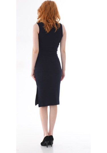 Kallima Lacivert Kolsuz Diz Altı Yırtmaçlı Fitilli Esnek Elbise