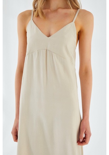 4252 Kadın İp Askılı V Yaka Elbise Taş Taş