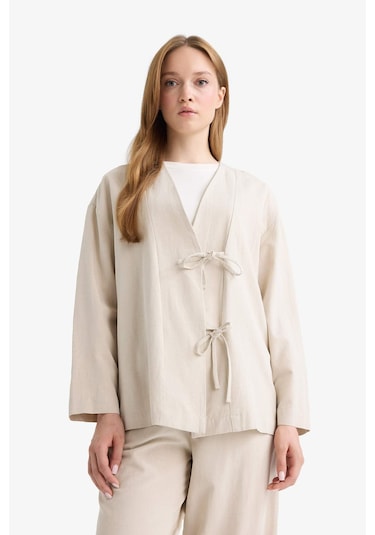 Defacto Regular Fit V Yaka Keten Karışımlı Kimono F7958ax25aubg702 Bej