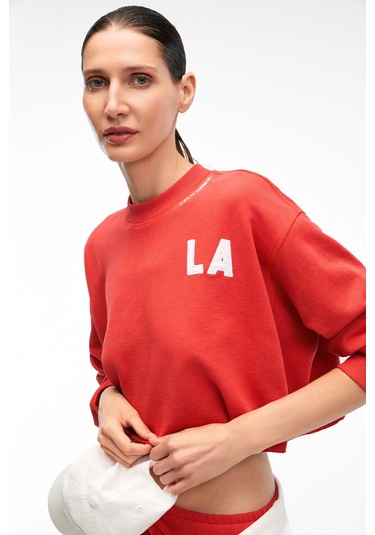 DELYRA Kadın Bisiklet Yaka Rahat Kesim Nakış Detaylı Kırmızı Sweatshirt