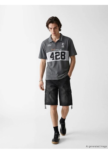 Lc Waikiki Gri Oversize Polo Yaka Ford Baskılı Erkek Tişört