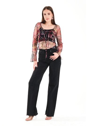 Önü Bağcıklı Tül Bluz Pembe