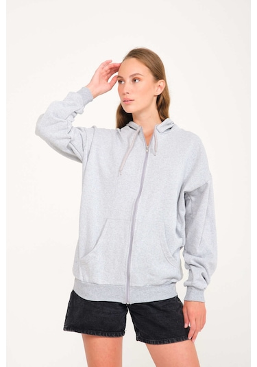 Harmandar Baskısız Unisex Gri Cepli Kapüşonlu Fermuarlı Sweatshirt Hırka Gri