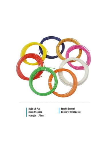 Tenfowee Pla Malzeme 3d Yazıcı Kalemi Filamenti, 1.75mm Dairesel Kesit, 20 Renkli Toplam 100m , Çevre Dostu Kutulu 20 Bobin Seti