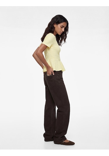 Koton Slim Fit Bisiklet Yaka Kısa Kollu Dokulu Peplum Bluz Sarı 6sak70020uk Sarı