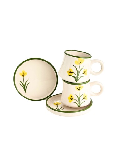 2 Li Takım Sarı Çiçek Desenli El Yapımı Kazan Seramik Kahve Fincanı, Kahve Fincanı Beyaz