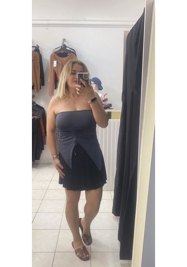Tuba Toptaş Straplez Bluz Büzgülü Gri