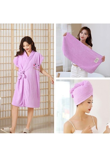 3 Parçalı Banyo Havlusu Seti Kuru Saç Kap Havlu Ananas Bornoz Seyahat  Banyo Havlusu Kalınlaşmış Mercan Kadife Kadın Bornoz Mor