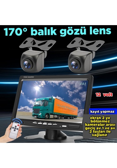 7'' Ekran + 2 Adet 170'' Geniş Açılı Kamera Set Kayıt Yapmaz 12v