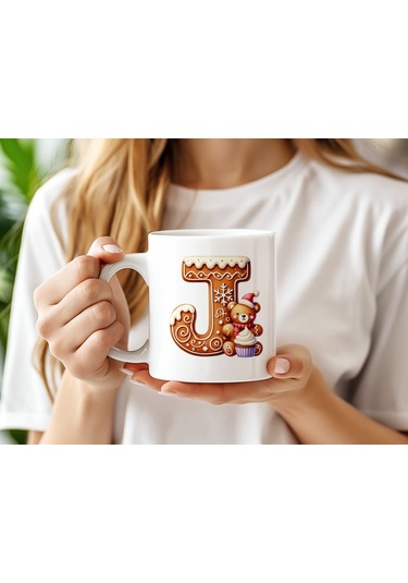 J Kurabiye Harf Ve Ayıcık Detaylı Kupa Bardak - Yeni Yıl / Yılbaşı Temalı Tasarım - Noel Hediye Beyaz