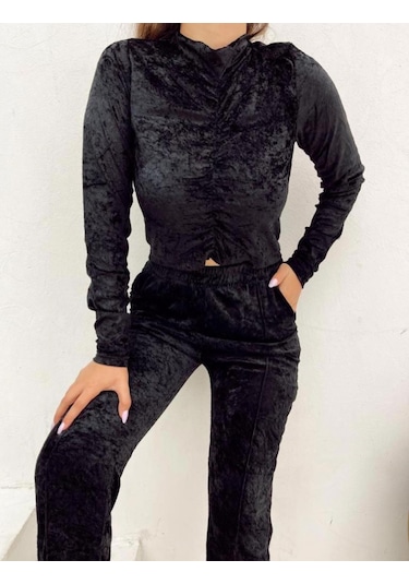 Büzgülü Kadife Crop Bluz- Siyah Renk-386 Siyah