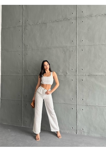 Eke Tekstil Lacivert Çizgili Crop Pantolon Keten Takım-lacivert Lacivert
