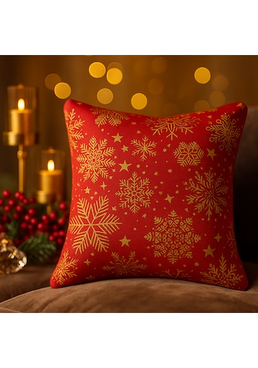 Kırmızı Yılbaşı Temalı Kırlent Kılıfı Kar Tanesi Desenli, Gold Detaylı 40 40 Cm 40 x 40