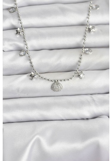 Pirinç Gümüş Renk Zirkon Taşlı Deniz Kabuğu Model Kadın Kolye Renkli