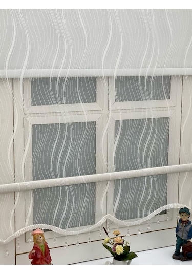 Ekru Spor Simetrik Desenli Çift Mekanızmalı Tül Stor Perde