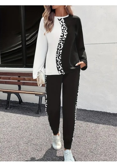 Tua Moda Kadın Uzun Kollu Bisiklet Yaka Çift Renkli Viskon Iki Iplik Bluz Ve Pantolon Ikili Takım Siyah
