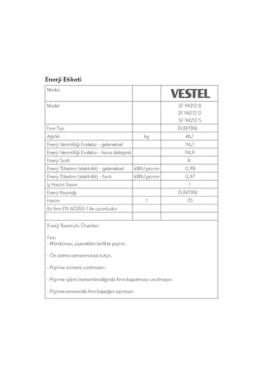 Vestel SF 94212 S Solo Fırın