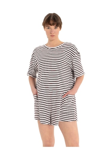 Inguz Stripe %100 Pamuk Şort Tulum Siyah - Beyaz