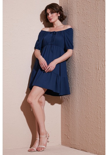 Lela Önü Büzgülü Balon Kollu Mini Bayan Elbise 5869005 Indigo