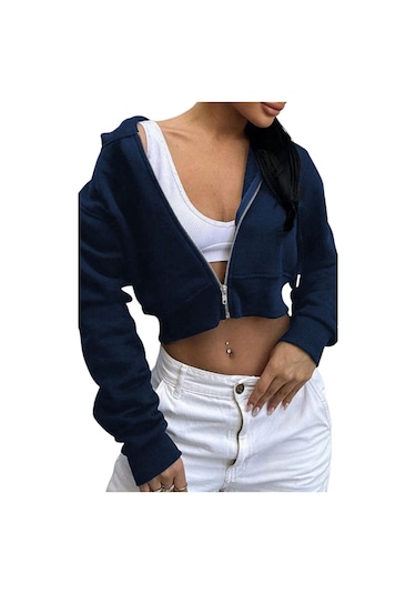 Lacivert Kadın Crop Fermuarlı Kapüşonlu Sweatshirt Lacivert