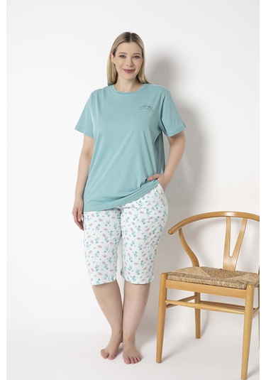 Mint Yeşili Mint Yeşili Çiçek Desenli Büyük Beden %100 Pamuklu Kısa Kol Kapri Pijama Takım Mint Yeşili