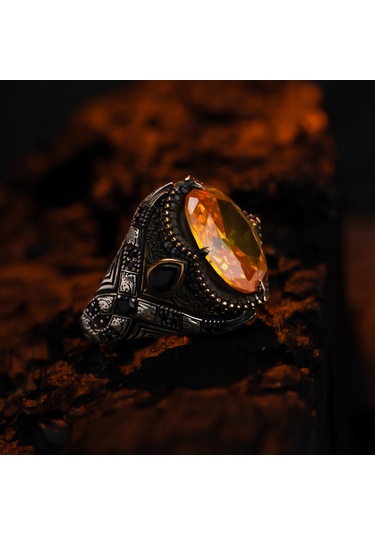 925 Ayar Sitrin Taşlı Ve Damla Zirkon Taşlı Gümüş Erkek Yüzüğü Gümüş