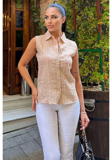 Kadın Bej Çizgili Desen, Dokulu Bodrum Kumaş, Kolsuz Rahat Gömlek Bej