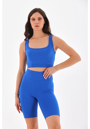 Kallima Mavi Toparlayıcı Esnek Fitilli Spor Crop-biker Tayt Takım