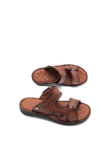 Deritarz Hakiki Deri Tam Ortopedik Masajlı Taba Erkek Terlik Taba