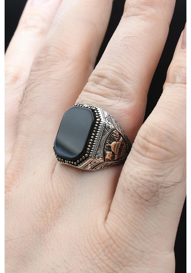 Mescidi Aksa Modelı Ve Allah Ve Muhammed Yazlı Oniks Taşlı 925 Ayar Gümüş Erkek Yüzük 902365 Gümüş