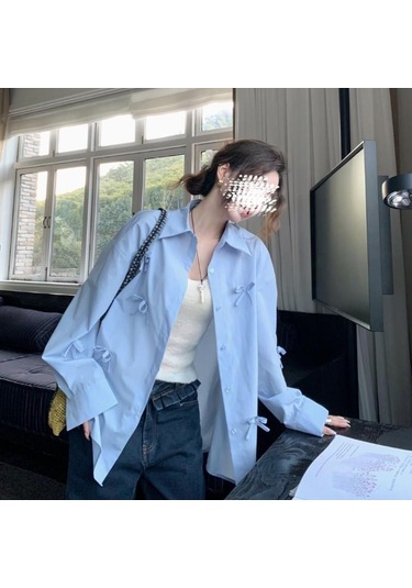 Kadınlar İçin 3d Fiyonklu Mavi Gömlek Kadın Şık Çok Yönlü Günlük Yaka Üst Düz Renk Uzun Kollu Bayan Tek Sıra Düğmeli Gömlekler Gökyüzü Mavisi