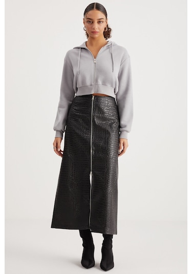 Delıa Kadın Crop 3 Iplik Şardonlu Örme Relaxed Fit Fermuarlı Kapüşonlu Gri Sweatshirt