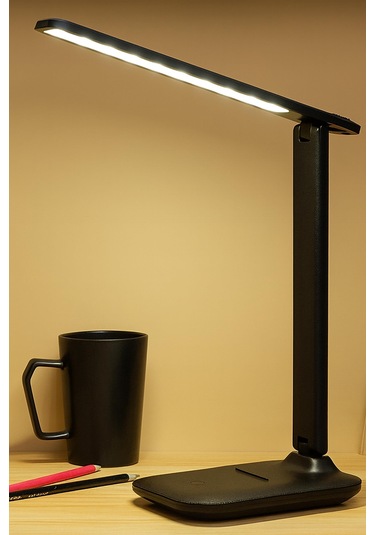Şarjlı Masa Lambası 3 Renk Dokunmatik Telefon Standlı Kademeli Çalışma Okuma Işığı Lambası 9w Siyah Siyah