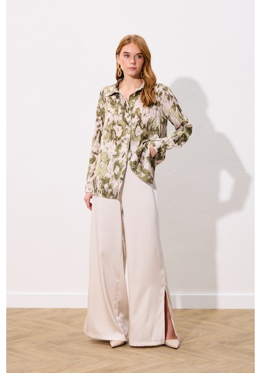 Sateen Desenli Düz Kesim Gömlek - Haki-136803 haki