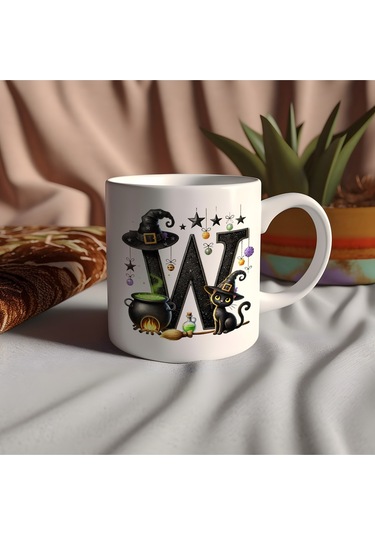 W Harfli Halloween Kedili Figür Kupa Bardak - Şapkalı Ve Kazanlı İsme Özel Kupa - Hediye Beyaz