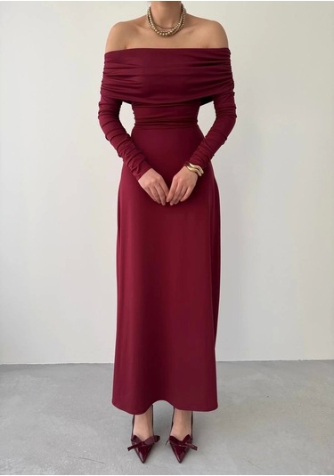 Uras Straplez Elbise Bordo