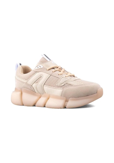Kadın Ortopedik Tabanlı File Detaylı Sneaker Spor Ayakkabı Bej