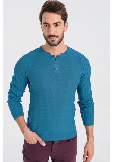 Heyss Düğmeli Bisiklet Yaka Erkek Triko Kazak Saks